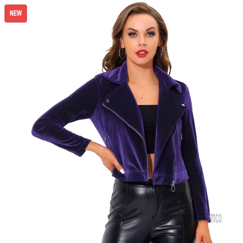 Velvet Moto Jacket Cropped Blazer Zip Up Notched Lapel Collar
